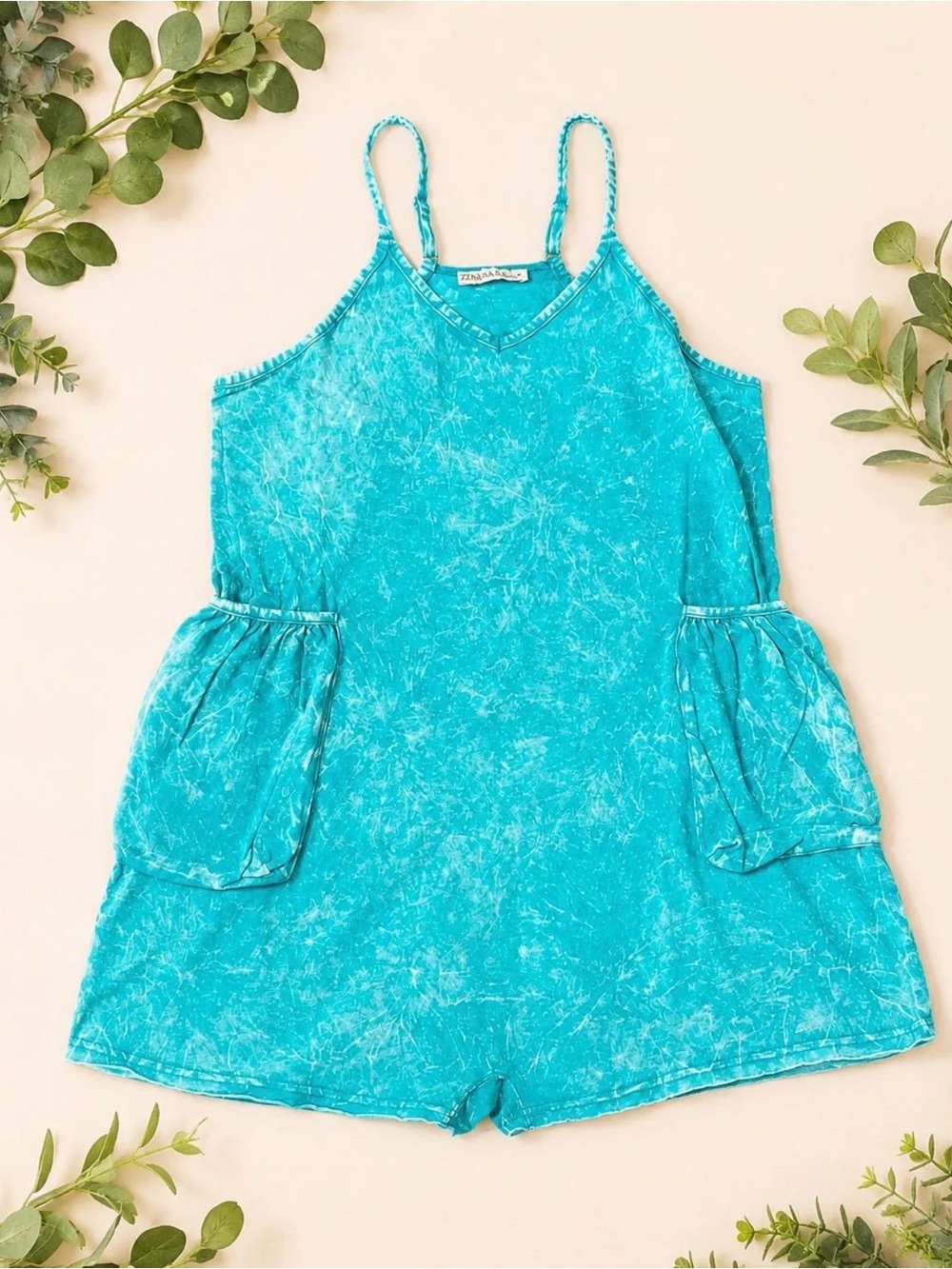 NEW ZENANA Teal Acid Wash Cotton Romper
